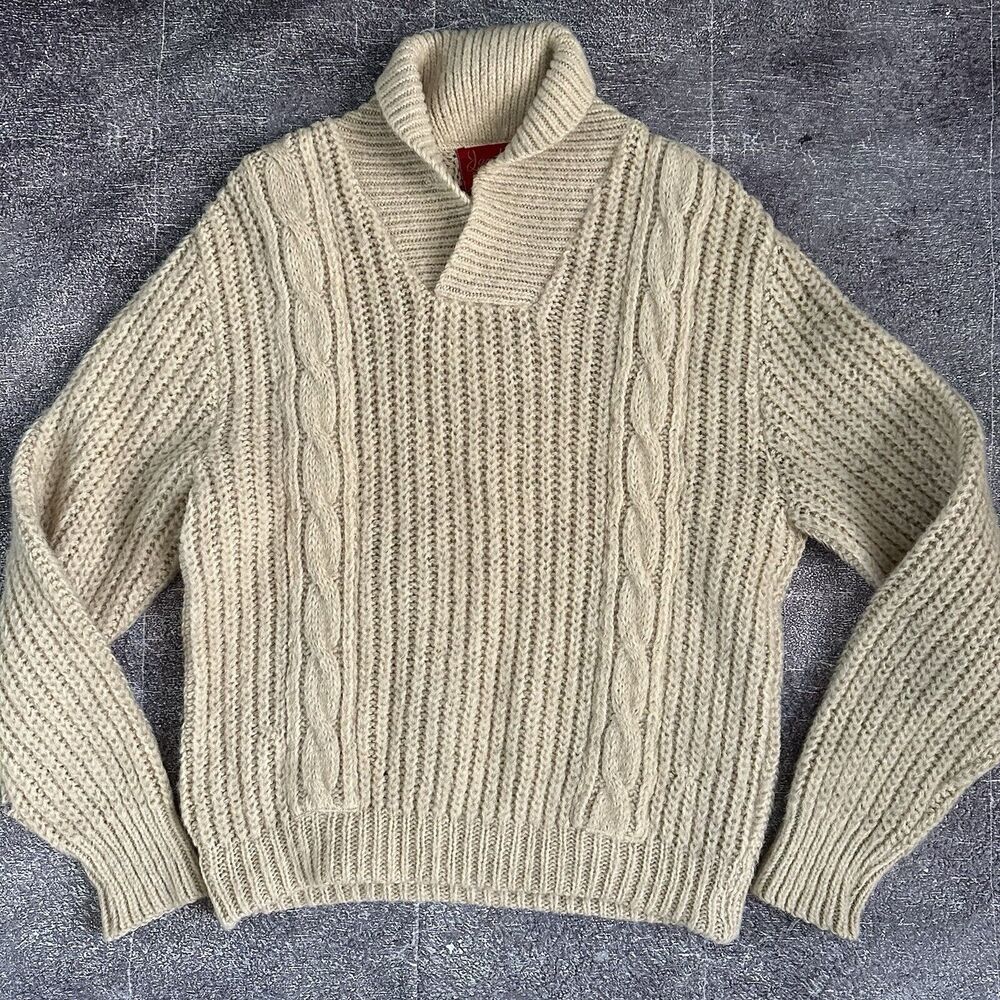 Men's Vintage 70s Jantzen USA White Mohair Wool Cable Knit Pullover Sweater Sz M